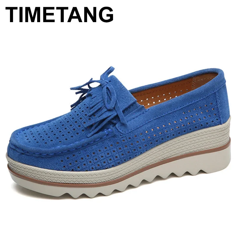 

TIMETANG Genuine Suede Leather Women's Platform Sneakers Summer Tassel Hollow Flat Women Shoes Casual Slip On Creepers Moccasins