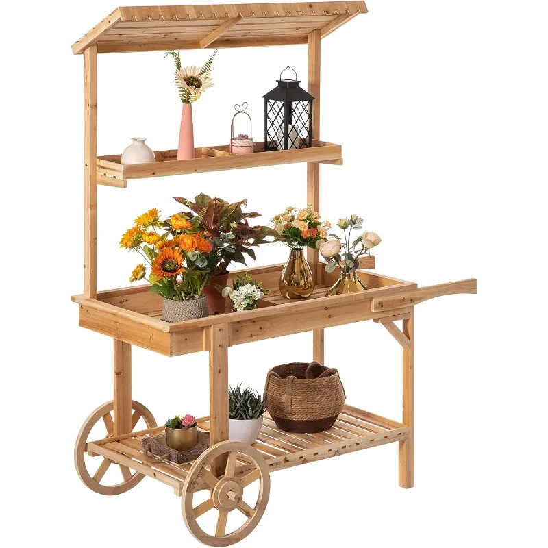 Antique Solid Wood Decorative Display Stand Cart Wooden Plant Stand 2 Wheel Wooden Trolley with Shelves to Hold Plants Etc