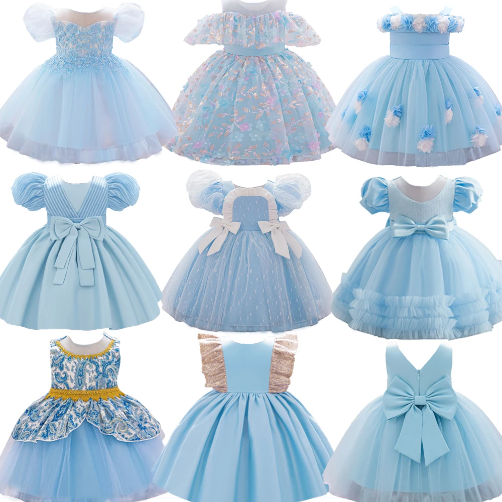 Infant Blue Maid Flash Wedding Dress Baby Girl Butterfly Party Gown Princess Dresses Toddler Flower Fluffy Clothes Girls NewWear