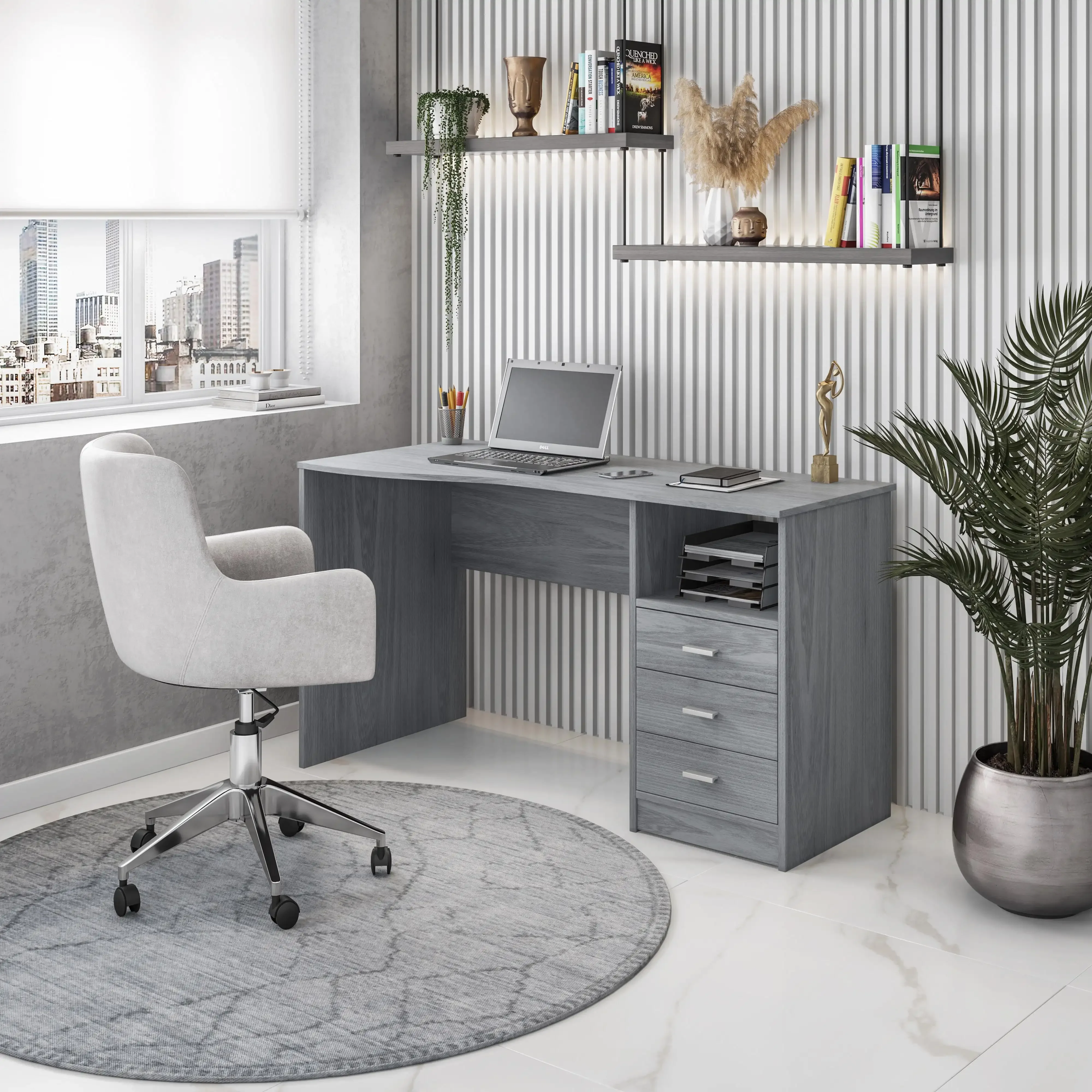 

Classic Computer Desk with Drawers, Gray