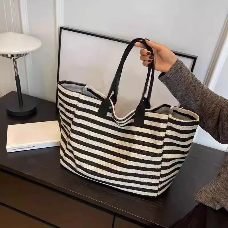 Large Capacity Canvas Tote Bag for Women, New Striped Shoulder Bag for Commute & Travel, Daily Handbag for Mommy view 2