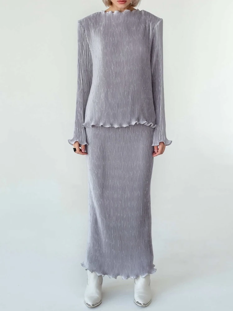 Conjunto de traje cómodo de color sólido con diseño arrugado, conjunto diario para el hogar, top y pantalones de manga larga con cuello redondo, conjunto de dos piezas