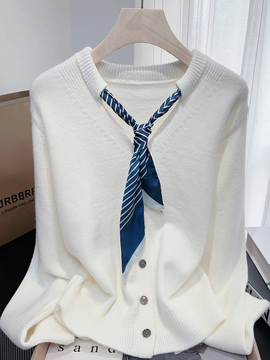 سترة كورية Sle V-Ne مع وشاح حريري فضفاض طويل Sve سترة نسائية حلوة وعصرية بيضاء للخريف والشتاء تريكو #1