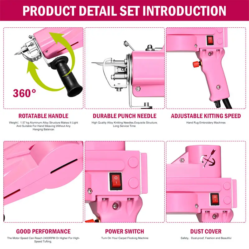 All-Inclusive 2 in 1 Tufting Gun Electric Carpet Rug Guns Cut Pile and Loop Pile 2 in 1 Pink Speed Adjustment and 360°Handle Gif