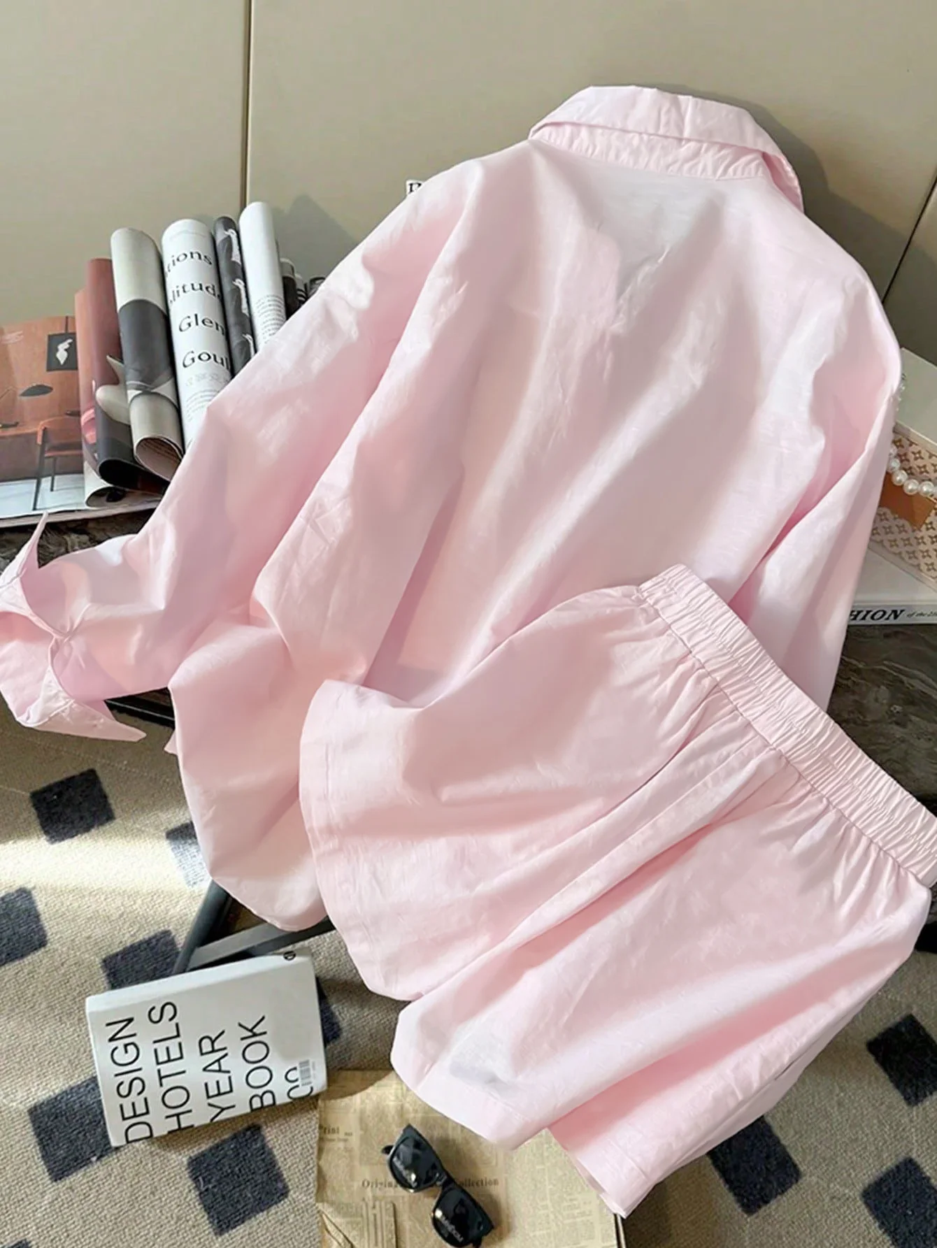 Fashion Long Sleeve Solid Shorts Set for Women Elegant Turn Down Collar Elastic Waist Women Shorts Set Two Piece Set Women Q694