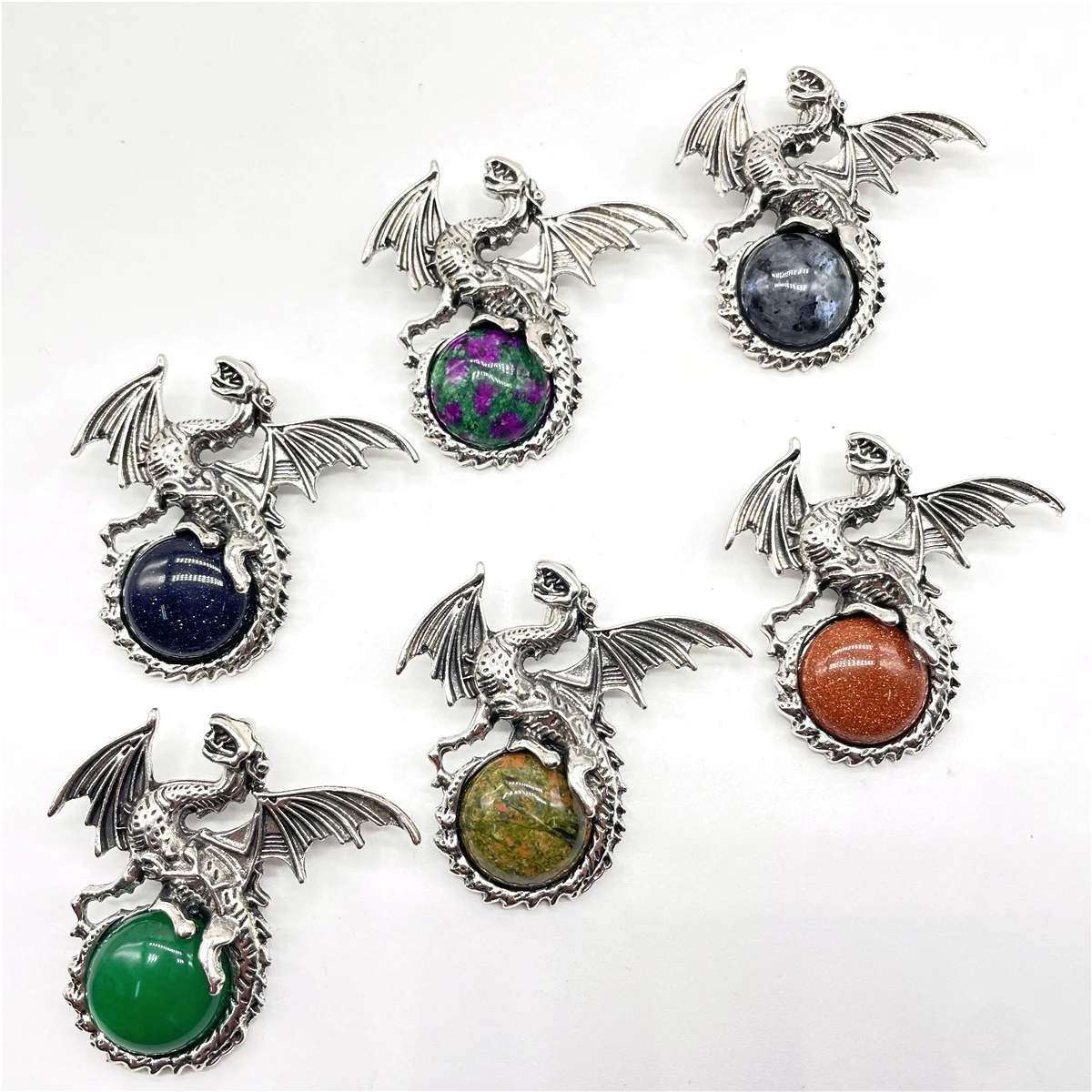 Wholesale Natural stone Quartz Crystal tiger eye lapis Opal charms Pterosaur alloy pendants for DIY jewelry making necklace 1pc