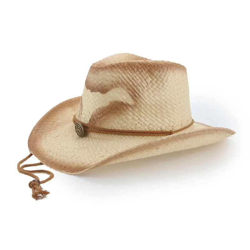 Summer Hats Men Women Panama Big Brim Western Cowboy Belt Straw Sun Hats Solid Khaki Black Casual Outdoor Natural Raffia Sun Hat