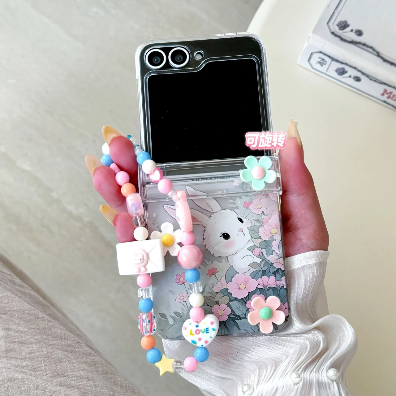 

Luxury Transparent Cute 3D Flowers Rabbit With Lanyard Phone Case For Samsung Z Flip 5 4 3 6 7 FE Protective Hard Bumper Cover