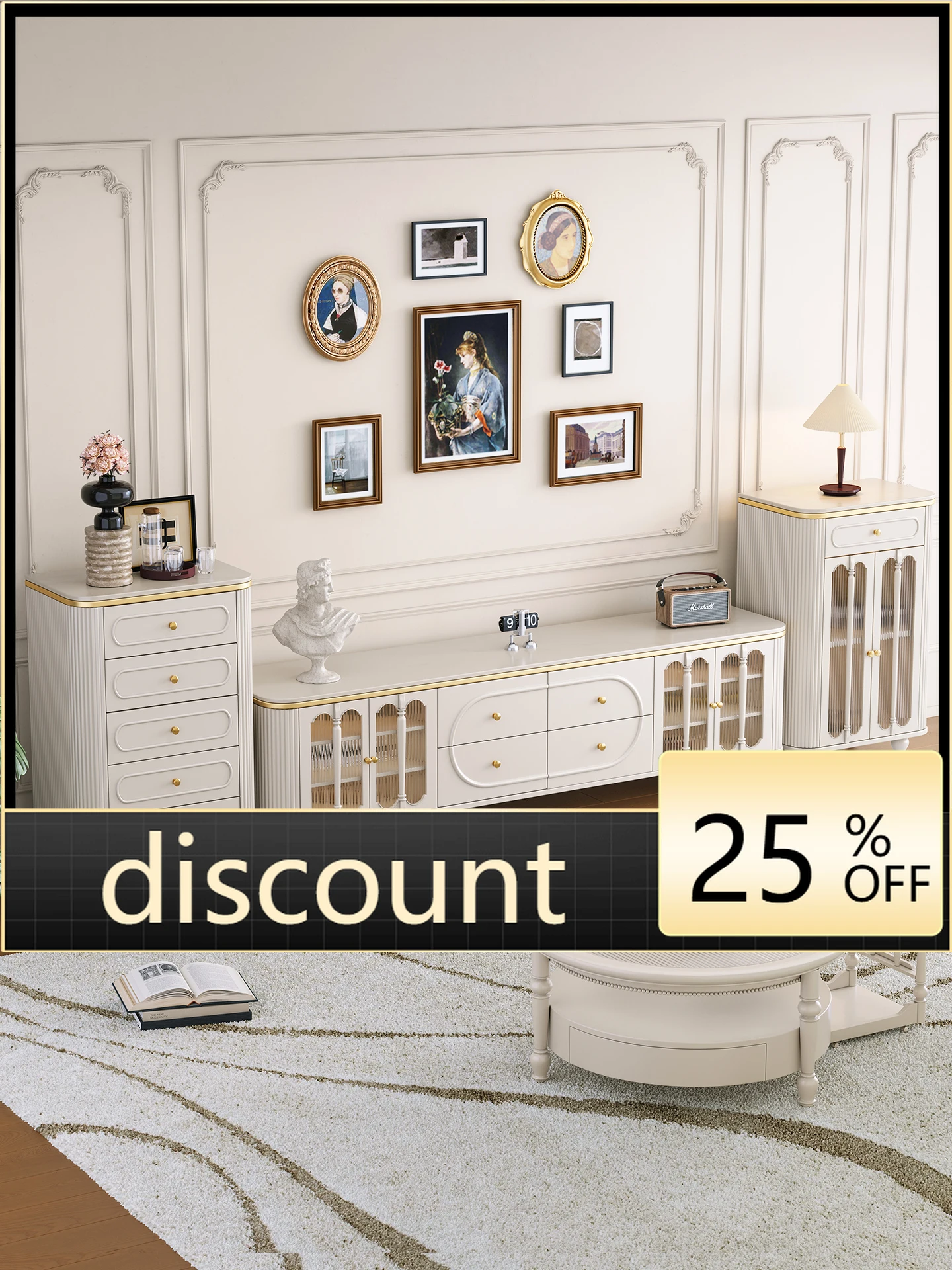 

LMM light luxury natural luxury stone solid wood storage TV cabinet coffee table living room home modern simple