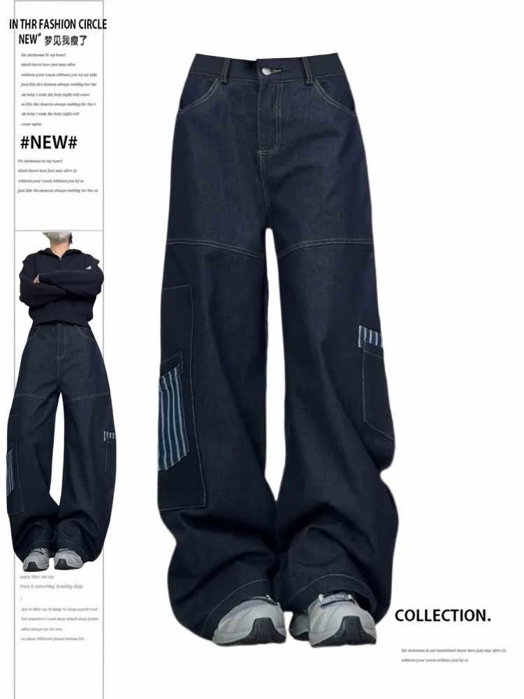 

Women's Jeans American Retro Baggy Jean Blue Denim Pants Abi Y2k Vibe Wide-legged Dragging Pants Trousers High Street Japanese