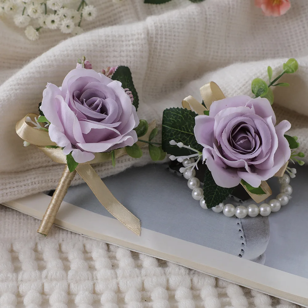 

Romantic Wedding Imitation Pearl Rose Wrist Flower Ornament Light Colour Series Rose Corsage Bride Bridesmaid Wedding Decoration