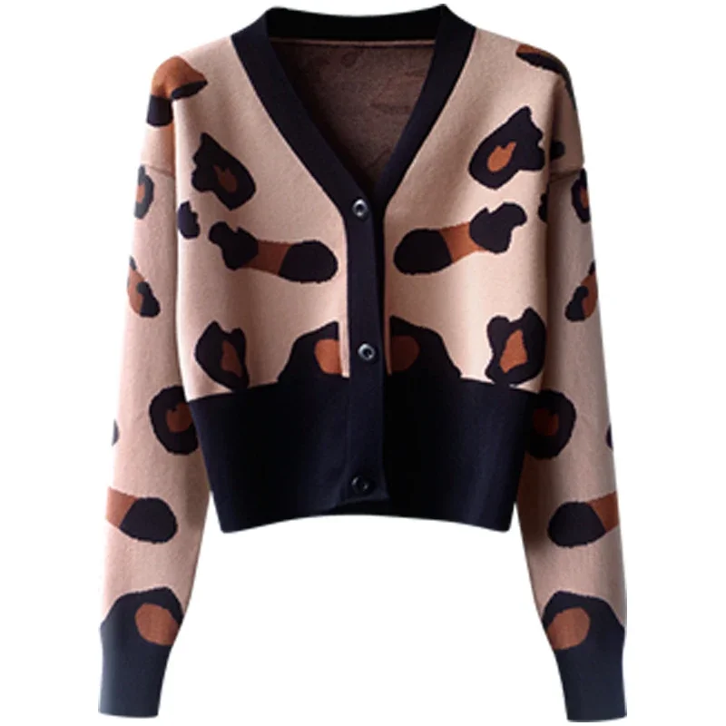 Korobov 2022 New Leopard Pattern Cardigans Women Vintage V Neck Long Sleeve OL Knitted Cardigan Autumn Korean Fashion Sweaters