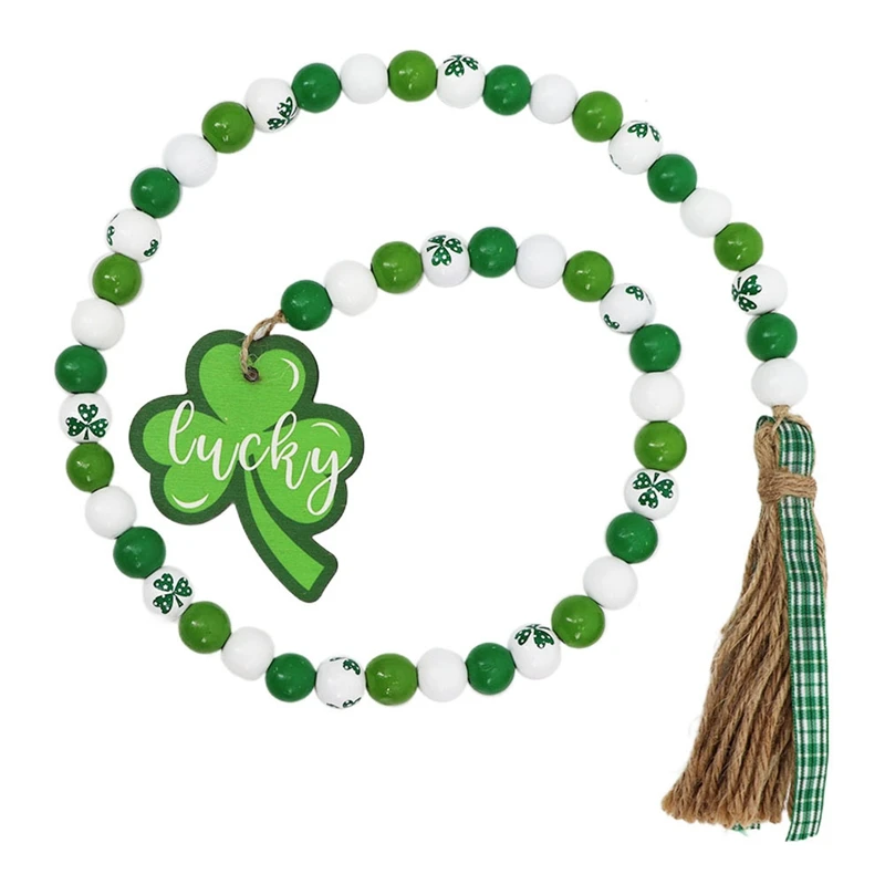 St. Patrick's Day Holzperlengirlanden mit Quaste, irisches Kleeblatt, Holzperlengirlande mit rustikalem Bauernhausschild aus Holz