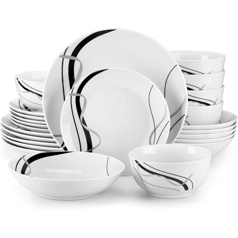 

Porcelain Dinnerware Sets for 6 24 Pieces Plates and Bowls Set with Black and Grey Ribbon Lines Dishes Set Dining Ware for Dinn