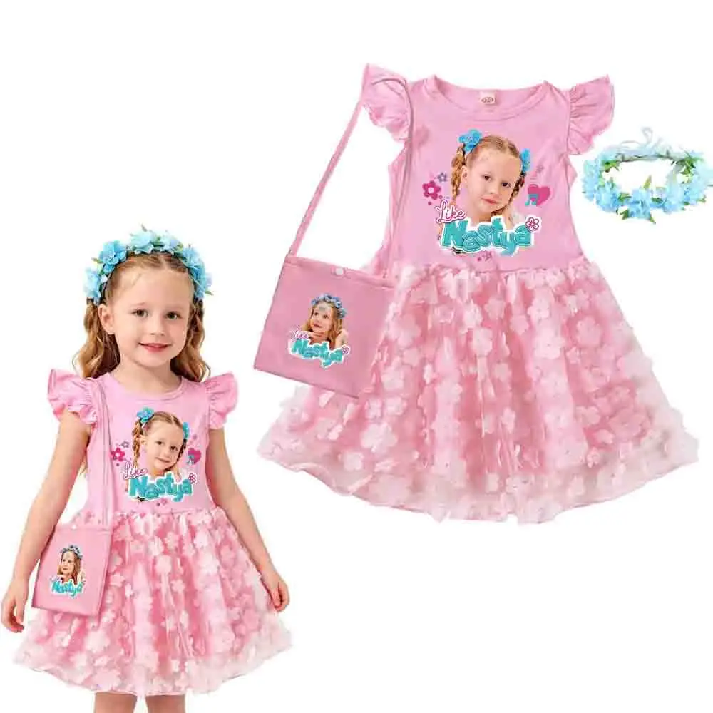 

Like Nastya Cartoon Print Dress for Girls Short Sleeve Casual Baby Girls Princess Dress Garland Birthday Party Children Vestidos