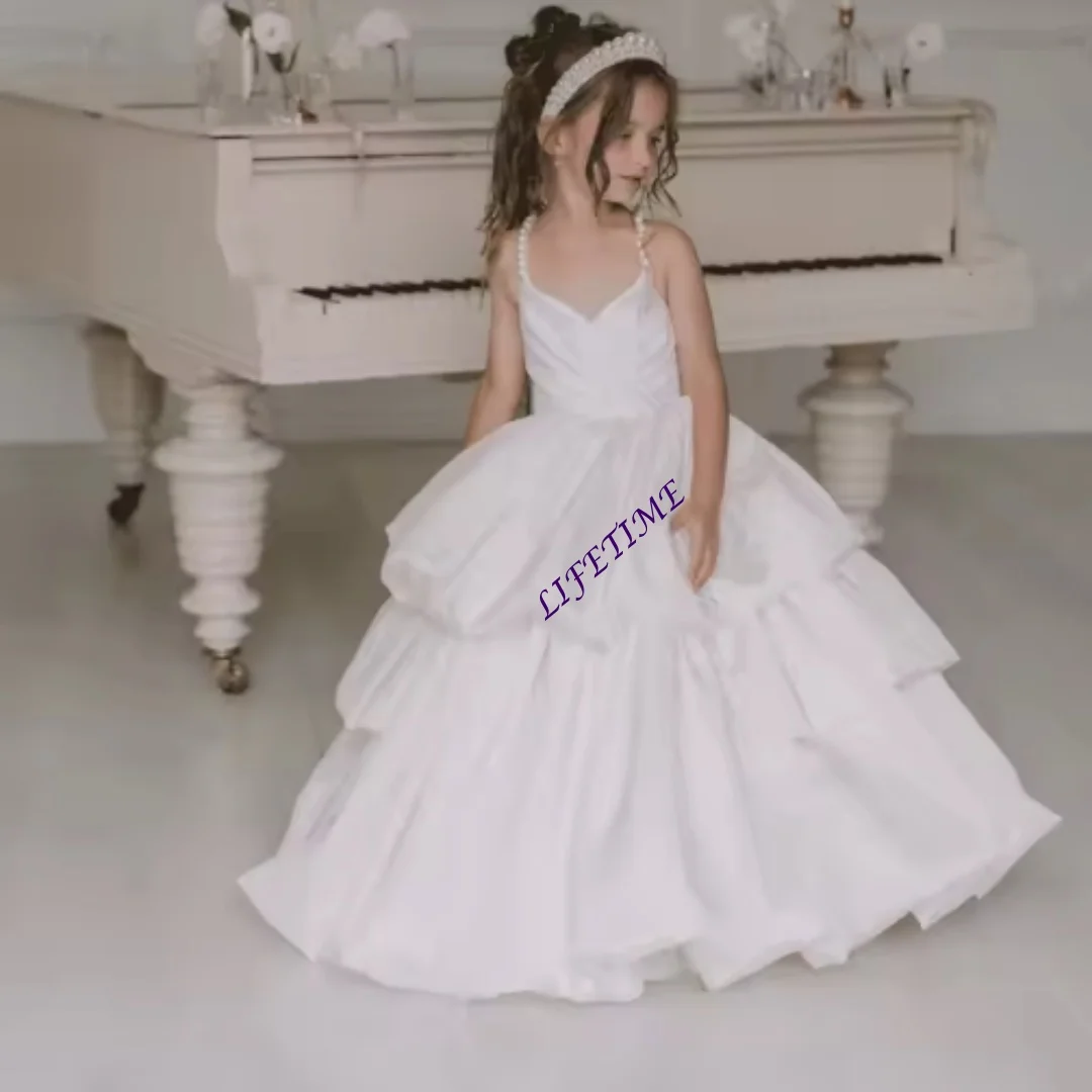 Elegant Beige A-Line Flower Girl Dress with Tiered Pearls Spaghetti Strap Floor Length for Wedding Party Birthday Customized