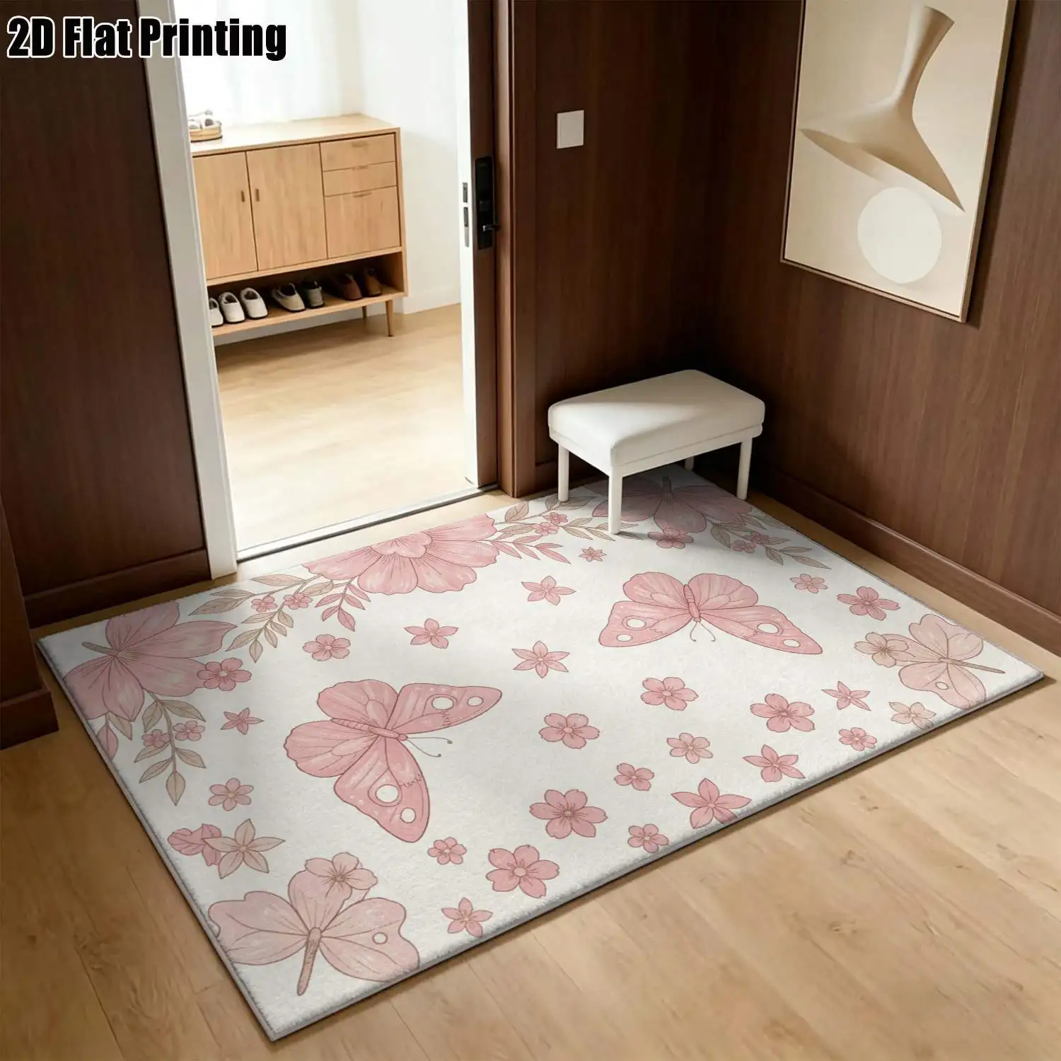 1Pc 2D Printed Carpet: Pink Flower & Butterfly Patterns, Nordic/Instagram/Modern Minimalist/European Style, Home Decor, Multiple Sizes, Machine Washable, Suitable for Entrance, Dining Room, Foyer, Living Room, Bedroom
