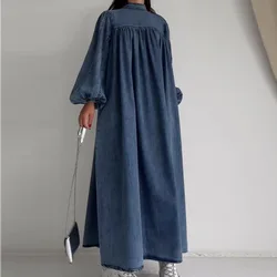 Autumn New Round Neck Solid Color Loose Casual Long-sleeved Denim Dress for Women