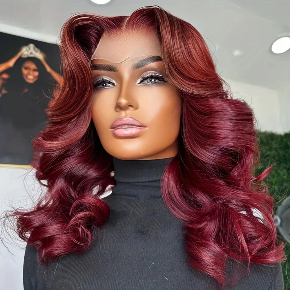 Burgundy Body Wave Bob Wig Brazilian Human Hair #99J Colored 1B Bob 13*4/4*4 HD Closure Bob Wig Middle Part Bob 180% Density Wig