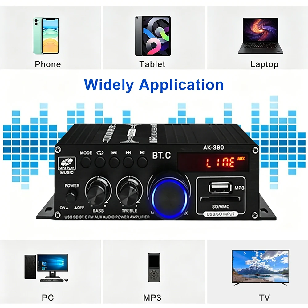 

AK380 Bluetooth5.0 Digital Amplifier Max 800W 2.0CH HiFi Stereo AMP FM Radio USB TF AUX BASS Control Home Subwoofer Player