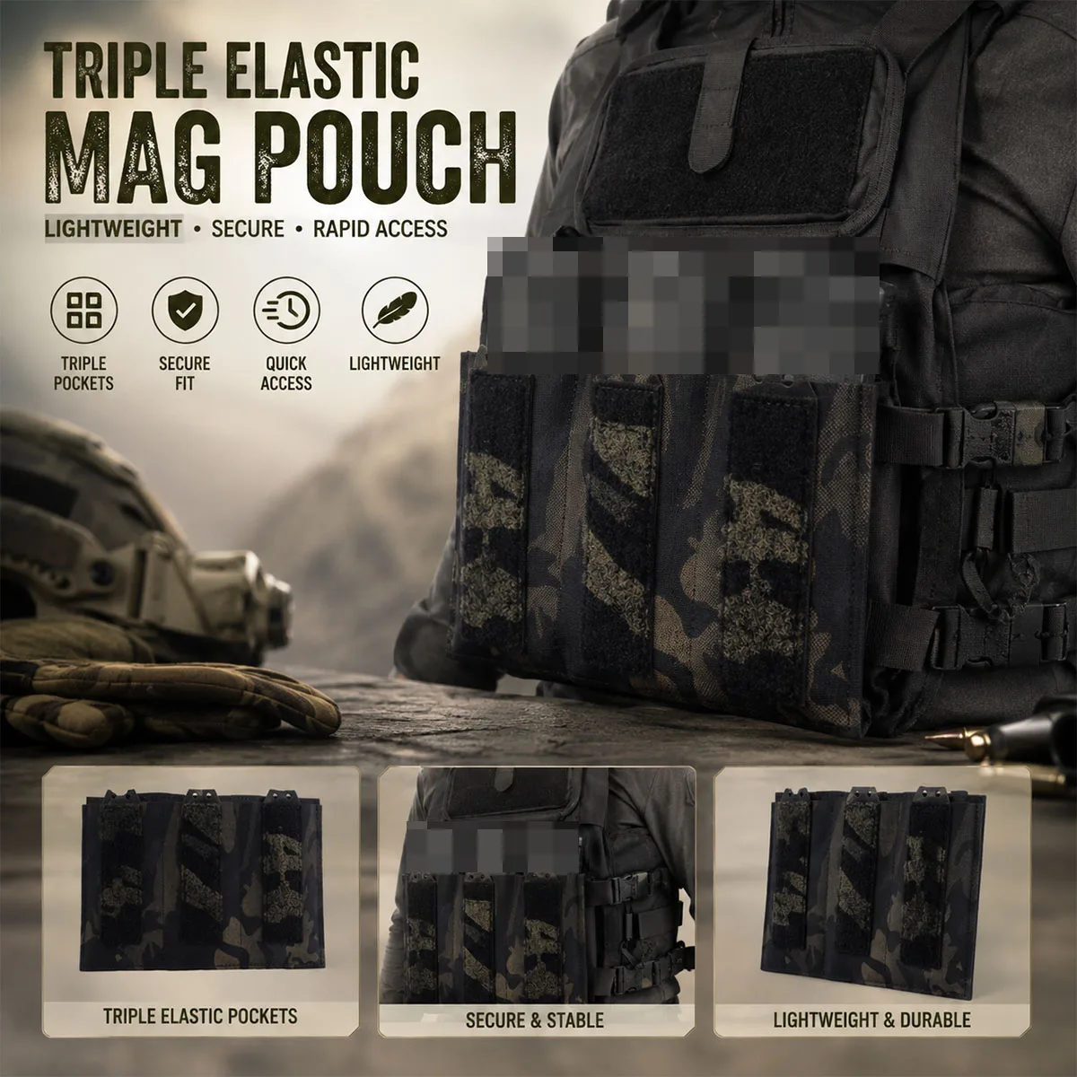 Tactical SP Triple Magazine Pouch Front Panel Expansion Bag with Hook and Loop for Plate Carrier Chest Rig Airsoft Training Gear