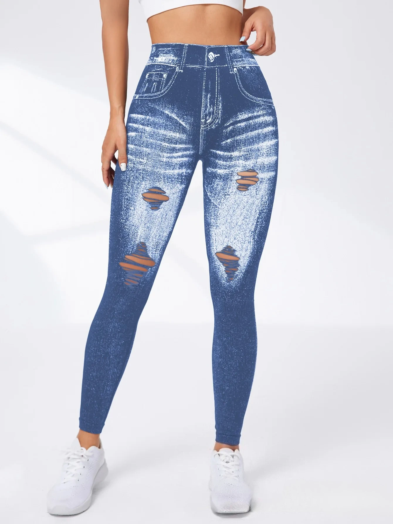 Damen Gym Bedruckte Yoga-Leggings Nahtlose Hochtaillierte Denim-ähnliche Perforierte Hosen mit Fake-Taschen Yoga Fitness Leggings – Detail 24