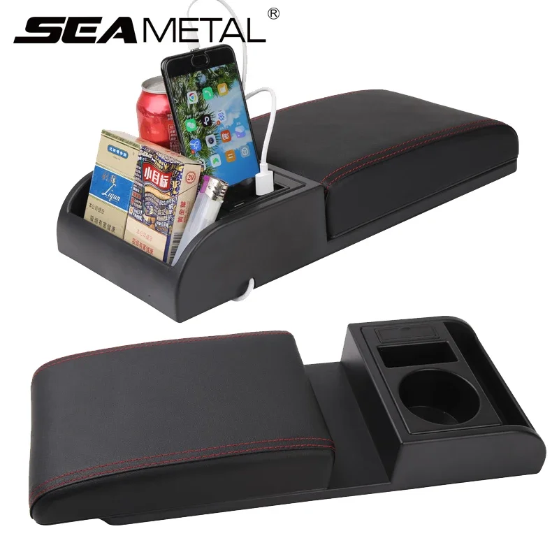 SEAMETAL Car Armrest Box Pad Adjustable Length Soft Elbow Support Cushion Universal Arm Rest with USB Charging Ports Cup Holder