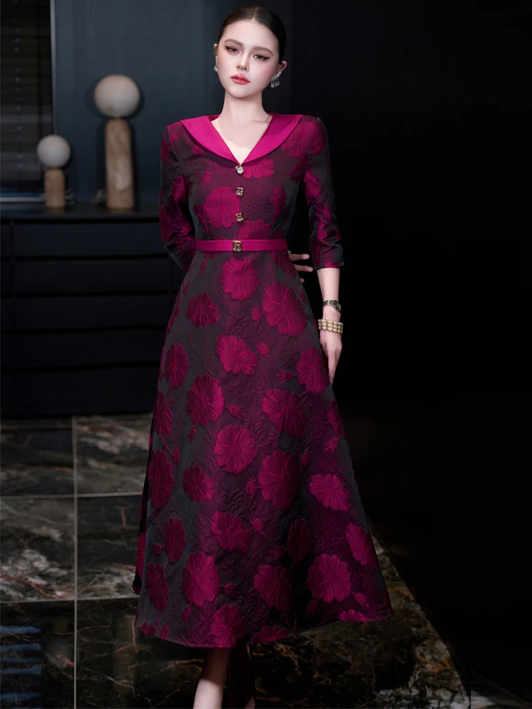 ชุดราตรีหรูหราสไตล์ฝรั่งเศส ผ้าแจ็คการ์ด ทรงเอ เอวสูง ดีไซน์เรียบหรู ยาวสำหรับผู้หญิง ฤดูใบไม้ผลิ 2026