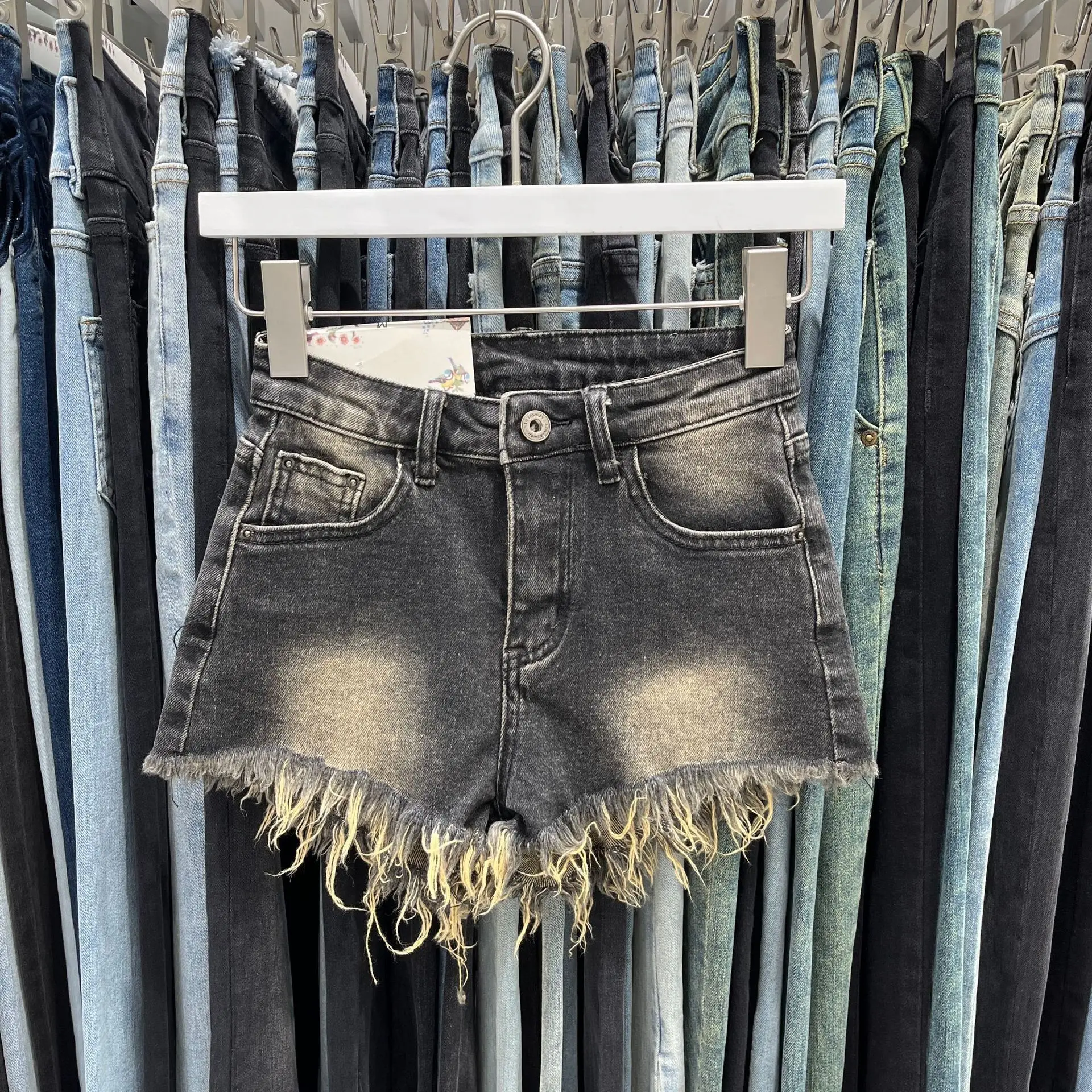 Faionable ارتفاع الخصر التخسيس المتعثرة Waed الدنيم ort ort orts المرأة الرجعية العصرية السراويل الساخنة القطن عالية الخصر واسعة Le...