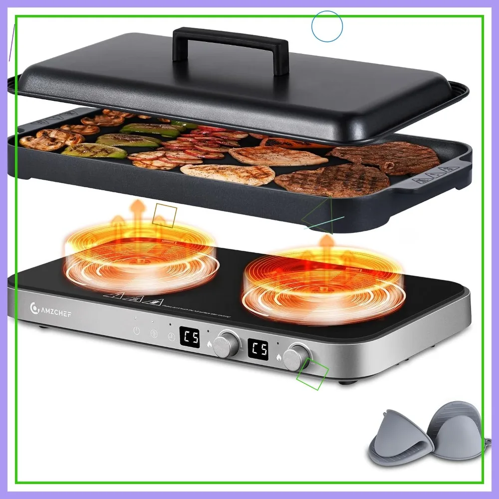 

Двойная индукционная плита с съемной сковородой-гриль, портативная плита 1800 Вт, сенсорное управление, 9 уровней мощности, таймер