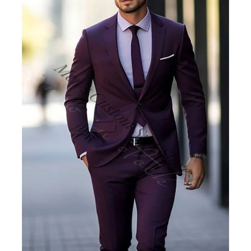 Elegant Light Purple Men Suits Single Breasted Formal Business Wear 2 Pieces Jacket Pant Wedding Groom Tuxedos Man Prom Dress