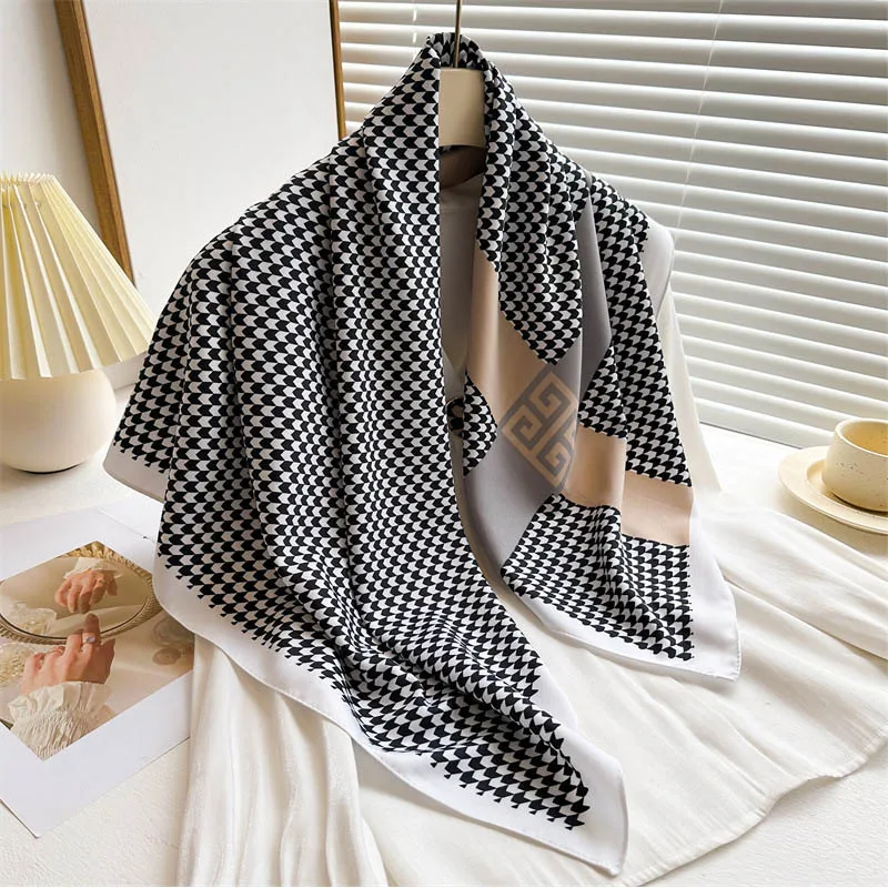 

90*90cm Luxury Houndstooth Square Scarf For Women Soft Neck Shawl Warp Elegant Neckerchief Bandanas Faux Silk Hijab For Travel