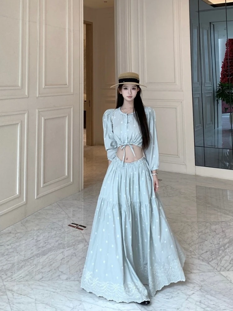 

Vacation style temperament embroidered long sleeved loose shirt high waisted A-line skirt women's summer two-piece set