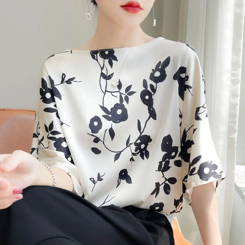 Summer Half Sleeve Cool Pullovers Silky Fabric Short Sleeve Top Print Breathable Elegant Temperament Women's Clothes Quality Top