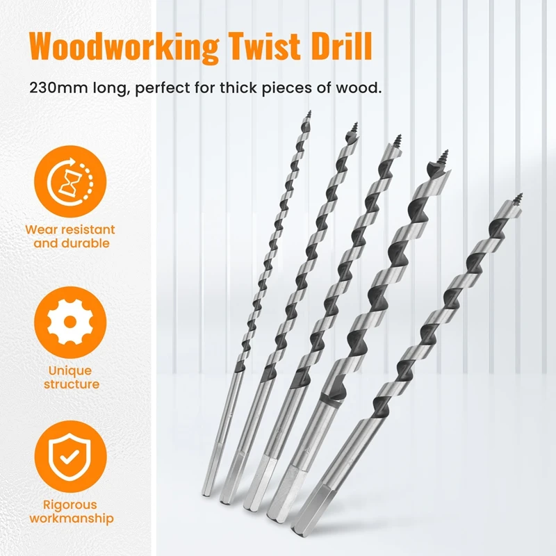 M11K-5PCS 230Mm Hex Shank Extra Long Point Twist Auger Wood Drill Bits Set Woodworking Twist Drill Bit Tool Set 6 8 10 12 14Mm