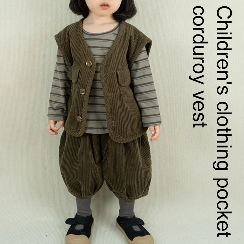 

Autumn Winter Children's Corduroy Vest New Retro Solid Color With Pocket Cardigan Vest Coat Simple Casual Cute Top