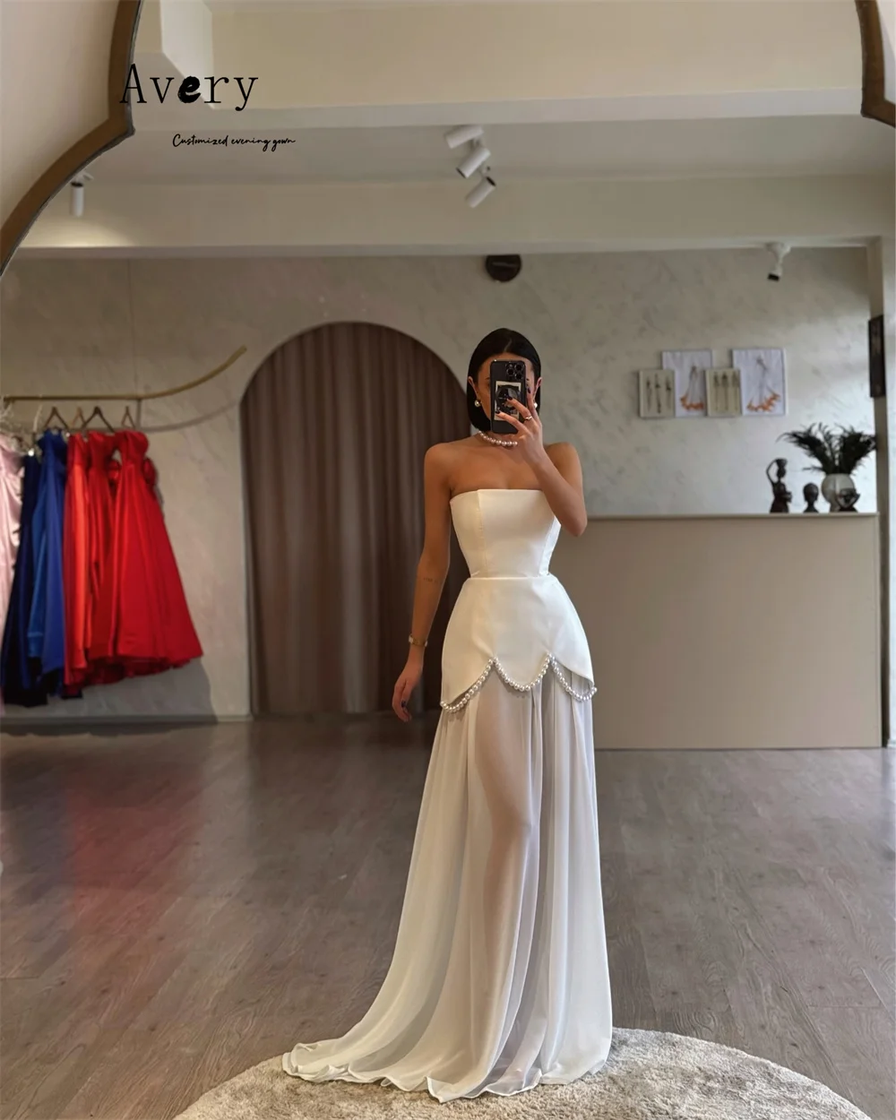 Avery Custom White Beaded Sleeveless Off the Shoulder Long Elegant Evening Party Dresses 2025 Woman Luxury Evening Dress Women's