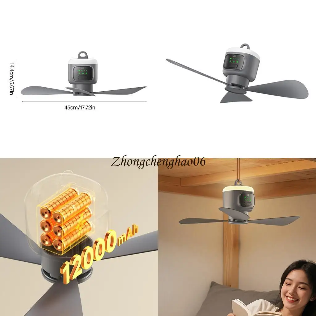 

USB Rechargeable Hanging Fan With Remote 3 Speed Setting Quiet Operation LED Light For Camping Tents Outdoor Bedrooms 601F