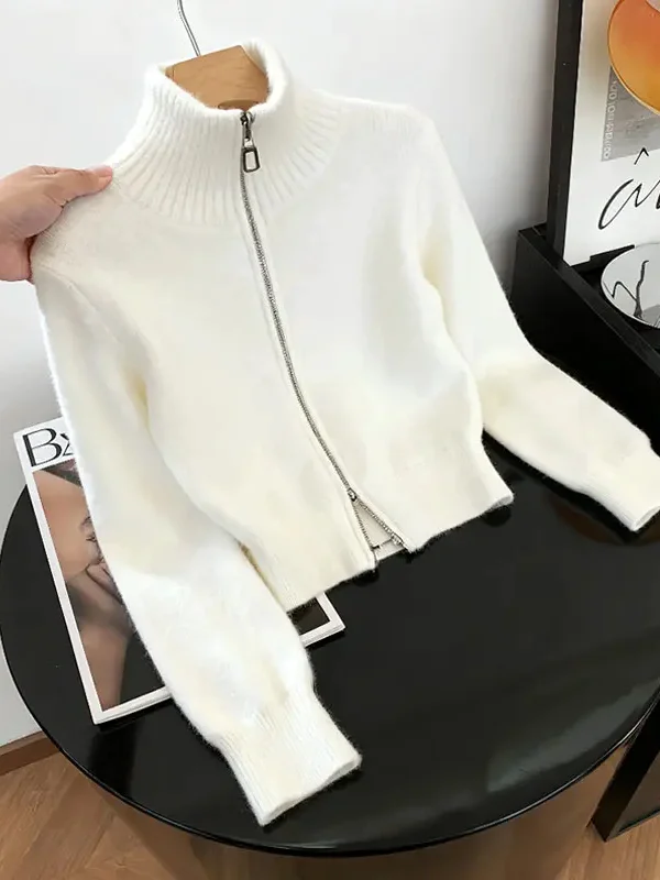 

Новая осенняя женская вязаная кофта 2025 года: ленивый стиль, длинный рукав, молния, воротник-стойка, модная верхняя одежда, мягкая, эластичная, удобная