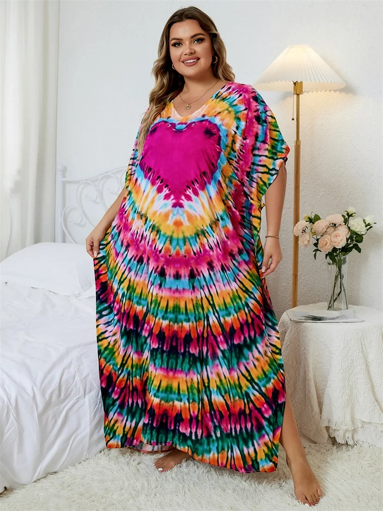 Plus Size 2023 New Summer Casual Print Batwing Sleeve Women Clothing Moroccan Kaftan Holiday Beachwear Swimsuit Cover-ups Q1450