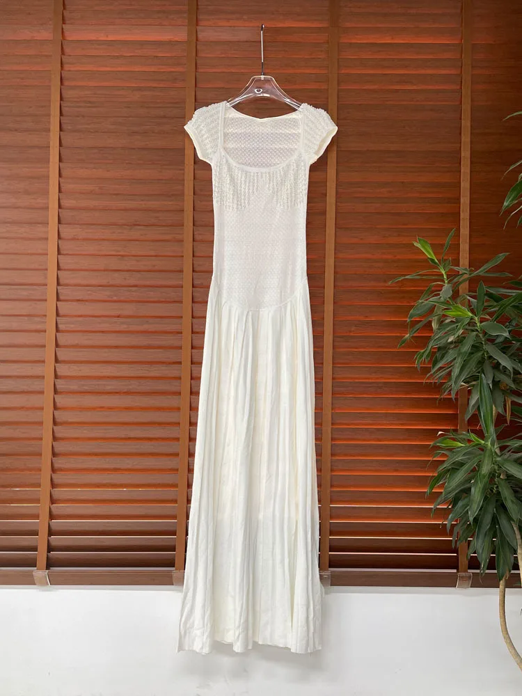 White square-neck knitted dress for women - 2026 summer new style - high-waisted to slim the figure - pleated long skirt