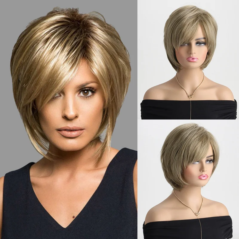 

European and American Style Wig Hot Sale Short Straight Hair Light Golden Side Bangs Wig Head Cover in Stock Wholesale