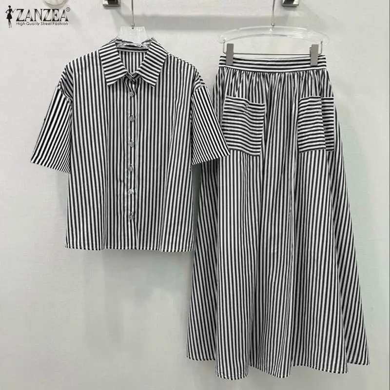 

Модный летний комплект ZANZEA: женская рубашка с коротким рукавом и длинная юбка в полоску, повседневный свободный костюм из 2 предметов, оверсайз