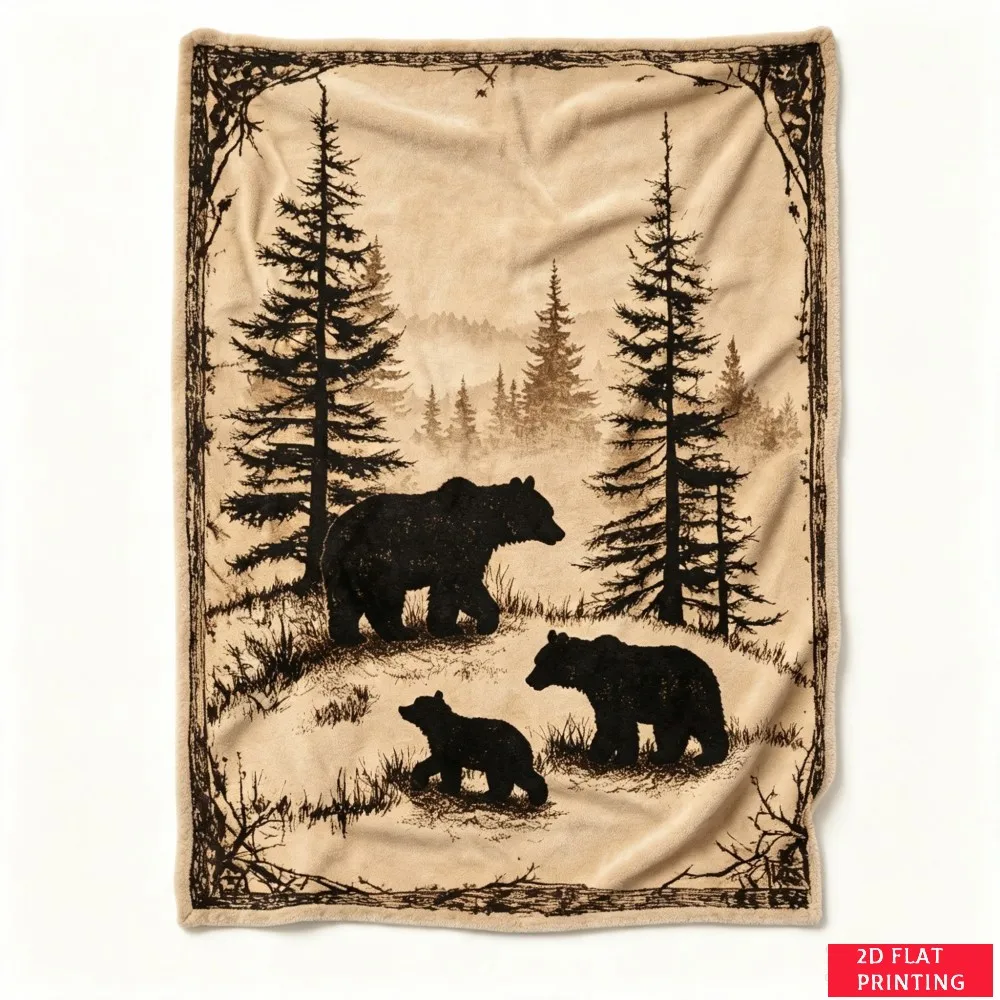 Brown Bear Cabin Campfire Forest Vintage Fleece Blanket For Rustic Bedroom Decor Lightweight Plush Throw Blanket Cover