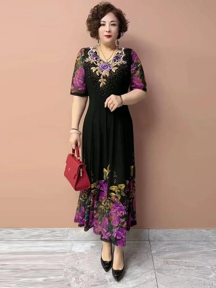 

Ele Long Summer Dr with ort Sves And Crystal Lace Elastic Waist for plus Size Women Faionable Mommy Dr