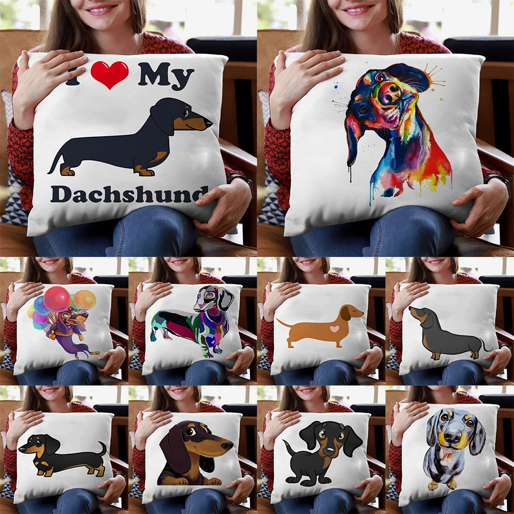 45X45cm Cute Dachshund Dog Art Print Polyester Cushion Cover for Home Living Room Sofa Bedroom Decoration Pillow