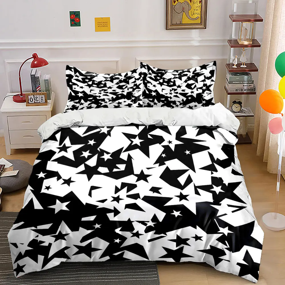 Black and White Star Pattern Print Bedding Set 1 Duvet Cover 2 Pillowcases for Adult and Children Luxury Gift Full Size