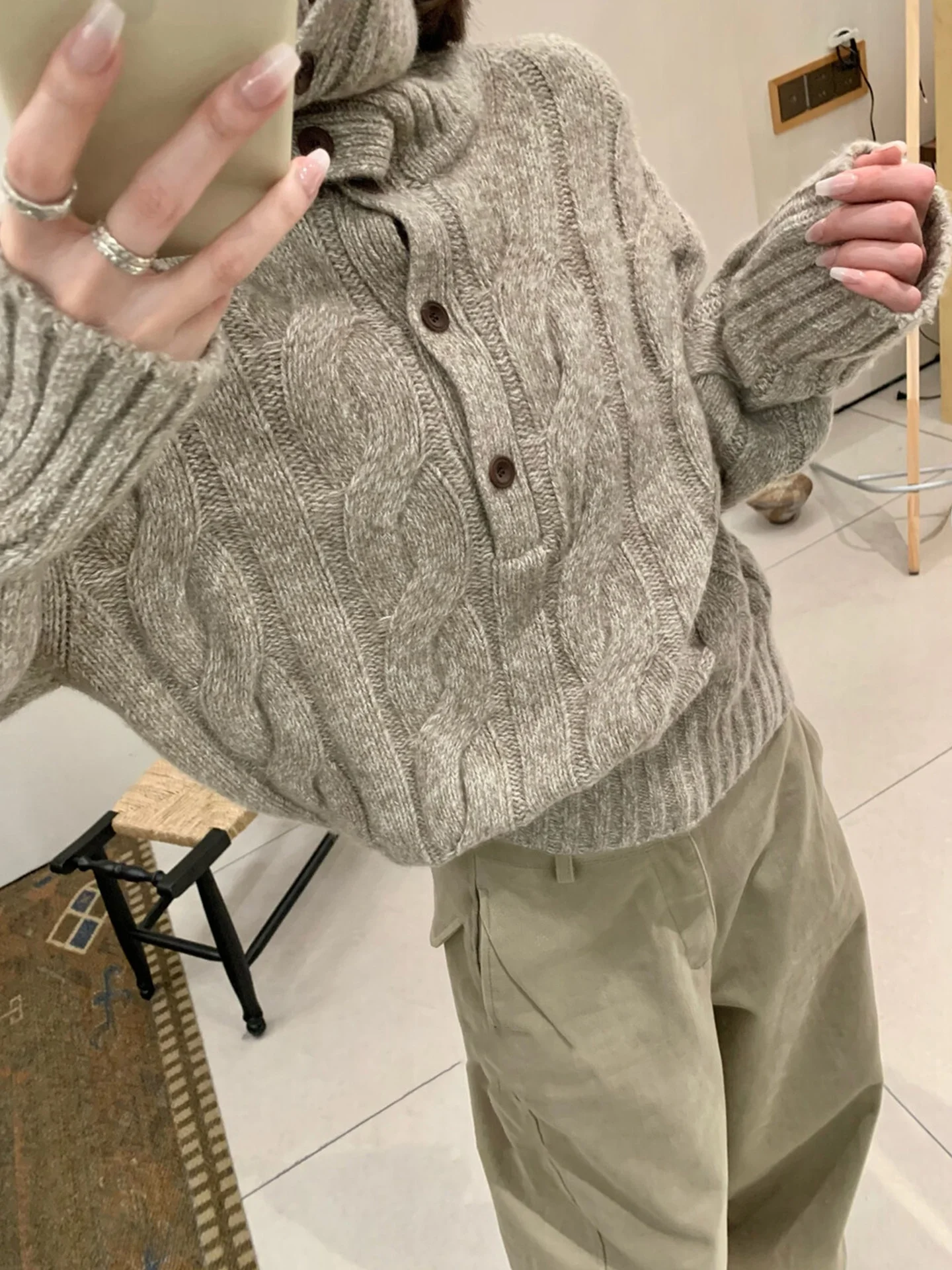 Loose Women's High Collar Sweater Autumn Winter Knitted Wear Sweet Sle Ci Walk Polyester Fiber Long Sve Thiened Inne...