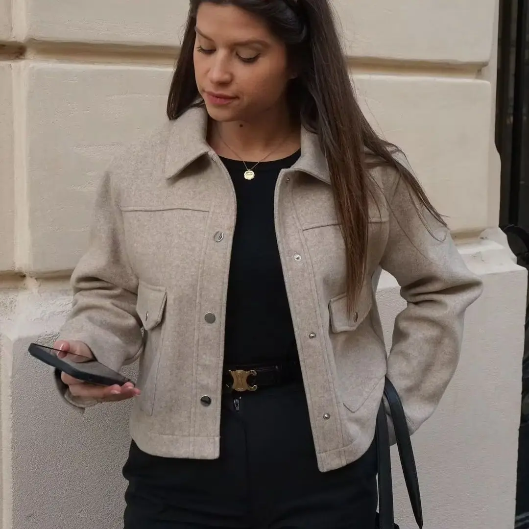 

2025 New Fashion Slim Button Long-sleeved Woolen Coat Women Autumn Casual Solid Color Lapel Home Pocket Top For Women