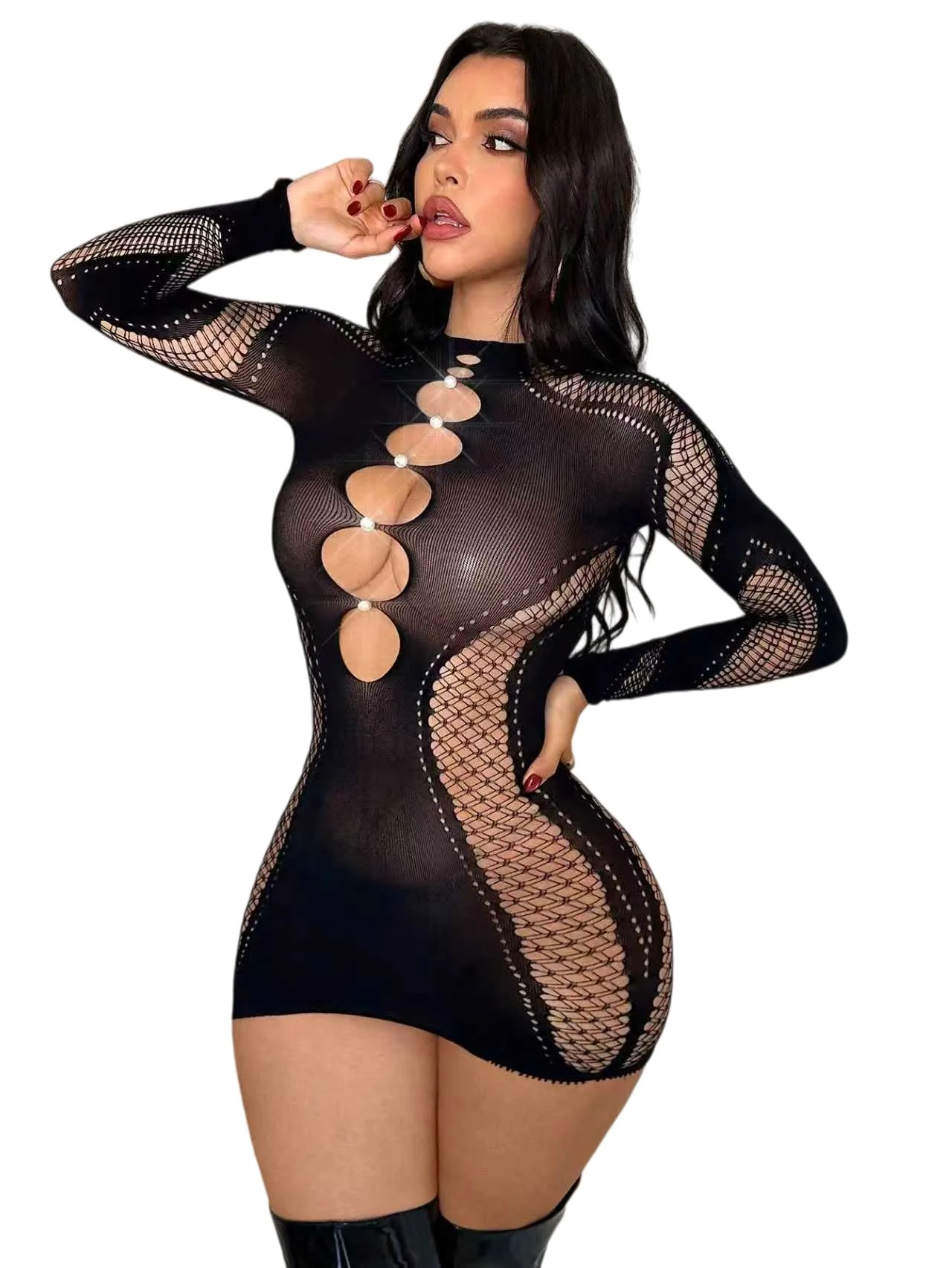 

Women's Sheer Mesh Long Sleeve Bodysuit Hollow Out Pearl Decor Bodycon Mini Dress for Night Out